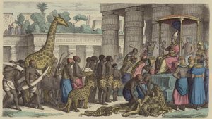 Tribuutoffers uit Ethiopië worden aan de farao van Egypte gepresenteerd (gekleurde gravure)