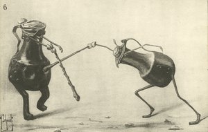Twee kannen die een duel uitvechten (litho)