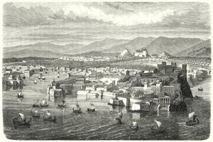 Uitzicht op het oude Athene vanaf Piraeus door German School