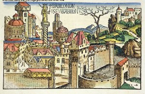 Uitzicht op de oude stad Babylon, uit de Neurenberg Kroniek door Hartmann Schedel (1440-1514) 1493