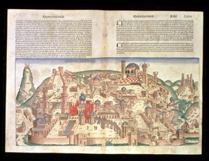 Uitzicht op de stad Jeruzalem, uit de Neurenberg Kroniek door Hartmann Schedel (1440-1514) 1493