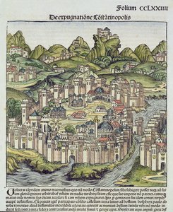 Uitzicht op de ommuurde stad Constantinopel, uit de Neurenberg Kroniek door Hartmann Schedel (1440-1514) 1493