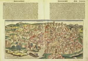 Uitzicht op de ommuurde stad Florence, uit de Neurenberg Kroniek door Hartmann Schedel (1440-1514) 1493