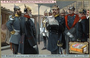 Oorlog van 1870. Pruisische generaal Otto von Bismarck (1815-1898) leest de oorlogsverklaring voor op 15 juni