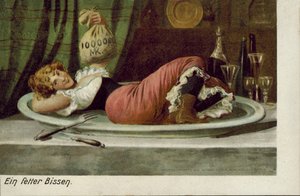 Vrouw liggend op een schotel met een geldzak (kleurenlitho) door German School