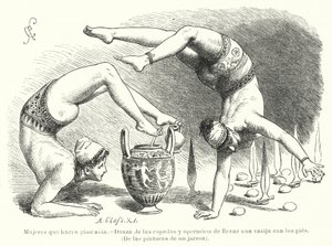 Vrouwen die gymnastiek beoefenen in het oude Griekenland: zwaarddans en een vat vullen met de voeten door German School