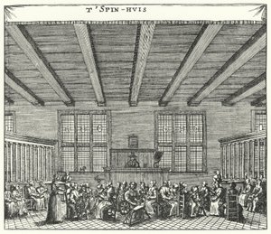 Vrouwelijke gevangenen in het Spinhuis in Amsterdam gedwongen te spinnen als een methode van correctie voor prostitutie en andere misdaden (gravure) door German School
