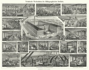 Werkplaatsen van het Bibliographisches Institut, Leipzig, Duitsland (gravure) door German School