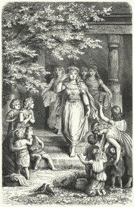 Jonge Duitse vrouwen dragen kransen om het festival van Eostre (Ostara) te vieren door German School