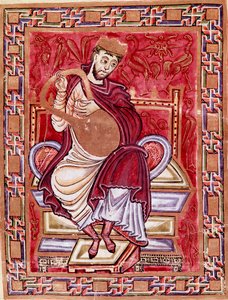 Voorstelling van koning David die de lier bespeelt. Miniatuur uit het codex van Egbert (Codex Egberti) door de school van Reichenau 980 Cividale del Friuli, archeologisch museum of kathedraal van Cividale
