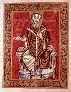 De bisschop Egbert van Trier ontvangt de psalter uit handen van de monnik Rudprecht (niet afgebeeld) - Miniatuur van de Codex van Egbert (Codex Egberti) door de school van Reichenau, 980 - Cividale del Friuli, archeologisch museum of Kathedraal van Cividal door German School