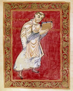 De monnik Ruodprecht brengt het manuscript naar de aartsbisschop Egbert van Trier (977-993). Miniatuur van de Codex van Egbert (Codex Egberti) door de school van Reichenau door German School