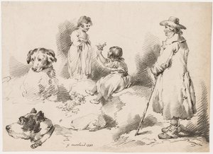 Studies van kinderen Twee kleine meisjes, twee honden, een man