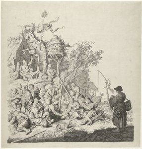 Groep Roma bij een herberg met een duiventil