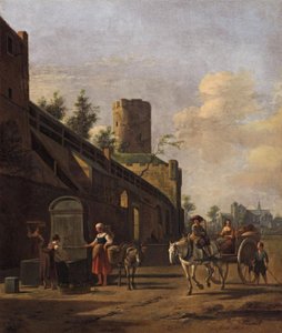 Stadsmuur van Keulen met boeren en reizigers in de buurt, de kerk van St. Pantaleon op de achtergrond