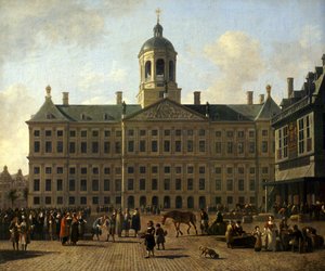 Duits: De Dam in Amsterdam met het stadhuis en de weegschaal Het stadhuis van Amsterdam op de Dam