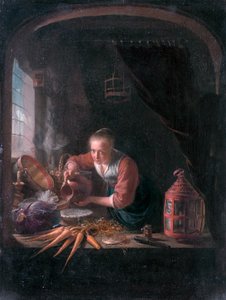 Jonge vrouw giet water uit een kan door Gerrit Dou