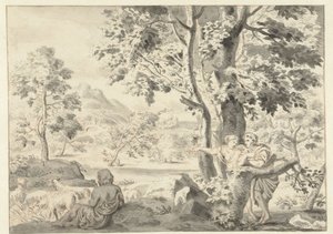 Bomenrijk landschap met een herder, een man en een vrouw