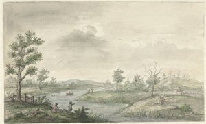 Landschap met kronkelende rivier en hengelaars door Gerrit Grasdorp (possibly)