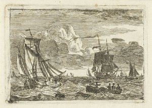 Diverse zeilschepen en een sloep op zee