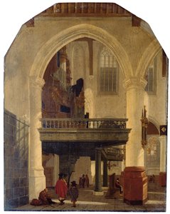 Het Westelijke Eind van de Oude Kerk, Delft, vanaf het Zuidelijke Gangpad naar het Noorden met het Orgelbalkon door Gerrit Houckgeest