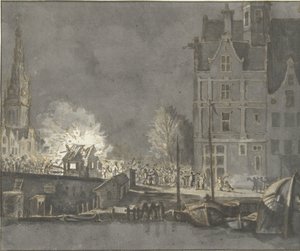 Verbranden der douanehuisjes bij de Nieuwebrug te Amsterdam door Gerrit Lamberts