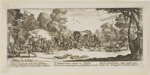 Aanval op een koets, plaat acht uit De grote ellende van de oorlog door Gerrit Lucasz van Schagen