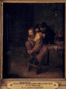 Operatie (of verband). Een chirurg verzorgt een patiënt. Schilderij door Gerrit Lundens na Adriaen Brouwer. 17e eeuw door Gerrit Lundens