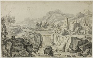 Italiaans landschap met waterval en gebouwen door Gerrit Rademaker