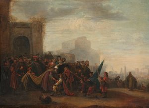 Saul verwelkomt David na zijn overwinning op Goliath door Gerrit de Wet