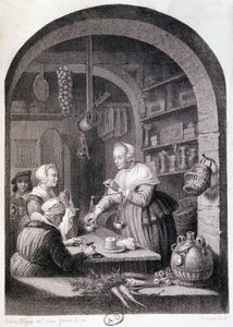 Dorpskruidenier die weegt met een balans. sd. 18e eeuw door Gerrit or Gerard (after) Dou