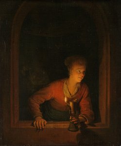 Meisje met een Olie Lamp bij een Raam door Gerrit Dou