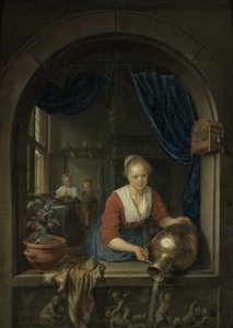 Dienstmeisje bij het raam, ca.1660 (olieverf op paneel) door Gerrit or Gerard Dou