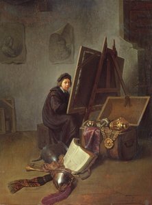 Portret van de kunstenaar aan zijn ezel in zijn atelier