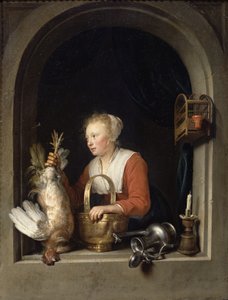 De Nederlandse Huisvrouw of De Vrouw die een Haan in het Raam Hangt, 1650 door Gerrit Dou