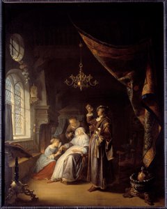 De hydropische vrouw. Een dokter onderzoekt de urine van een vrouw met waterzucht door Gerrit Dou