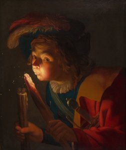 Een Jongen die op een Brandende Houtskool Blaast door Gerrit van Honthorst