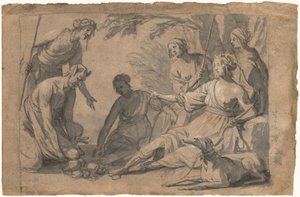 Diana en vier nimfen ontvangen geschenken van een sater door Gerrit van Honthorst