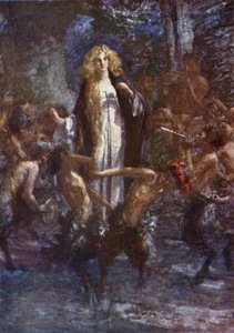 "De Satyrs dansten vrolijk om haar heen" (kleur litho) door Gertrude E. Demain (after) Hammond