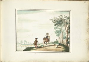 Heer en dame te paard en een voetganger in een landschap