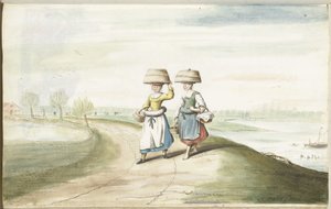 Twee boerenvrouwen lopend in een landschap door Gesina ter Borch (signed by artist)