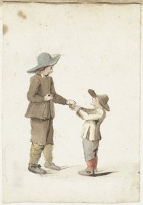 Jongen geeft een appel aan een jongere jongen door Gesina ter Borch