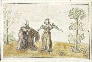 Kluizenaar geeft een dame zijn mantel door Gesina ter Borch