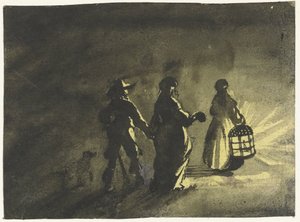 Nachtstuk: echtpaar lopend achter een vrouw met een lantaarn, van achteren door Gesina ter Borch