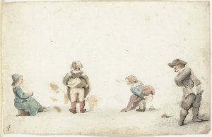Vier kinderen die hun behoefte doen door Gesina ter Borch