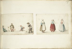 Vier kinderen die hun behoefte doen en drie staande vrouwen