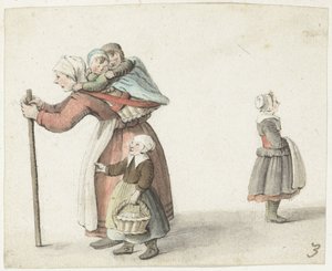 Vrouw met twee kinderen in een draagmand door Gesina ter Borch