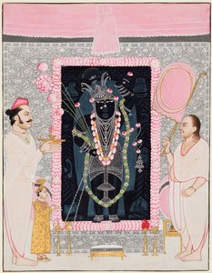 De hoofdpriester Tilakayat Govardhanlalji brengt offers aan Shri Nathji ter viering door Ghasiram Hardev Sharma