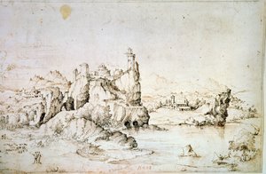 Een Kasteel op een Rots in Berglandschap, 1540 door Gherado Cibo