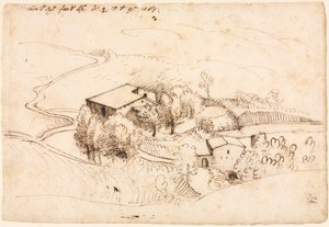 Boerderij met bomen in een heuvelachtig landschap, 1567 door Gherado Cibo